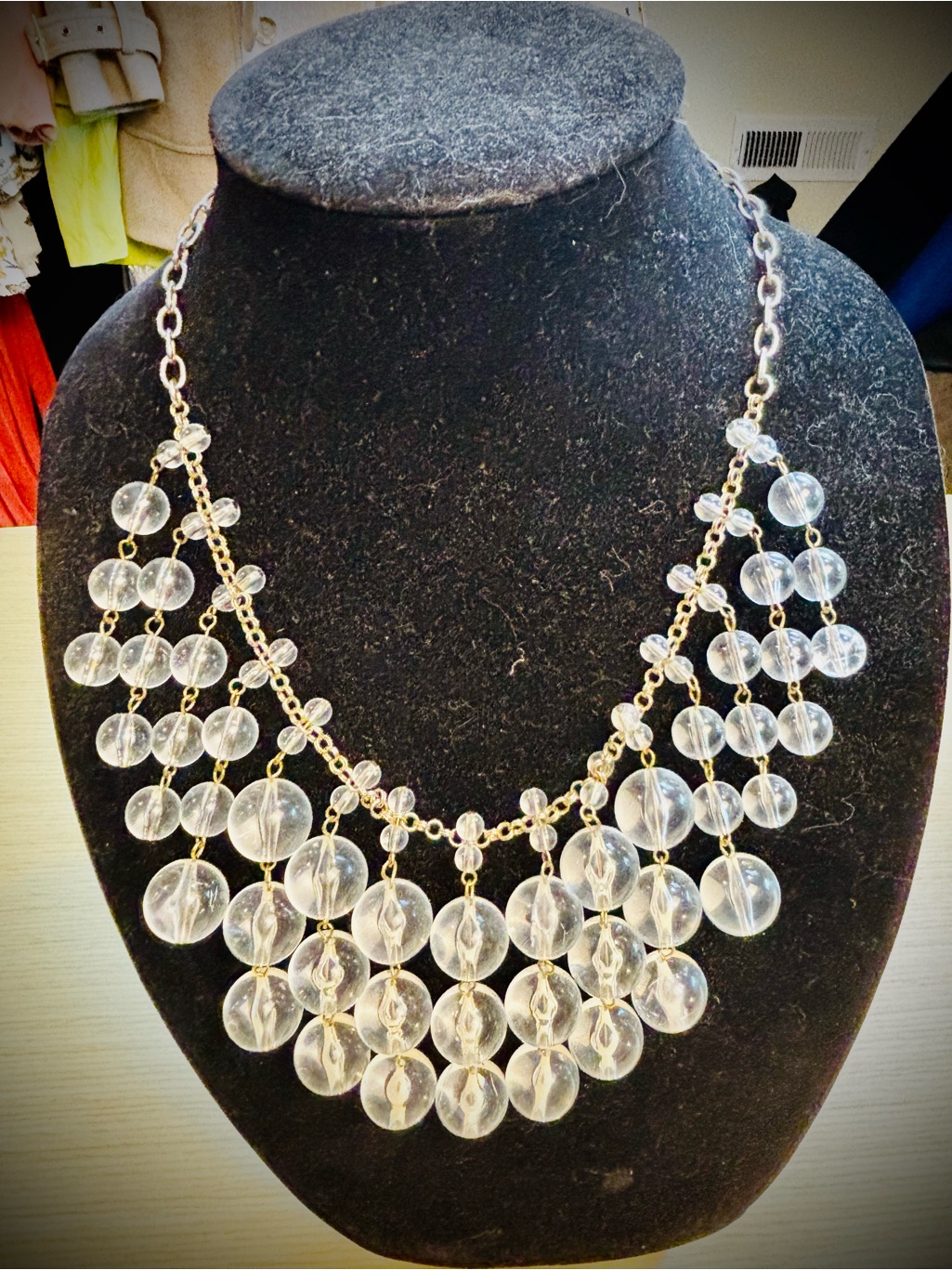J. Crew Vtg Clear Lucite Bauble Cascade Statement Bib Necklace Gold Y2k